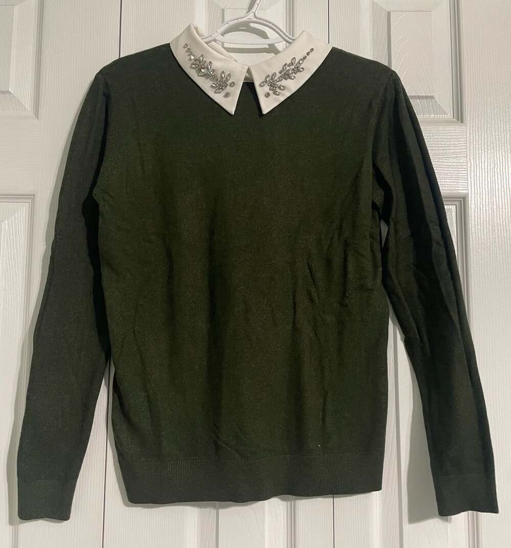 Dark Green Long Sleeve Sweater with Rhinestone Embellished Collar